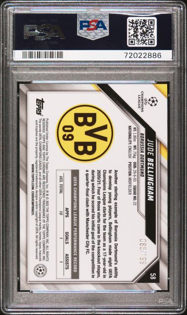 2021 TOPPS CHROME CHAMPIONS LEAGUE JUDE BELLINGHAM AQUA WAVE /199 PSA 10