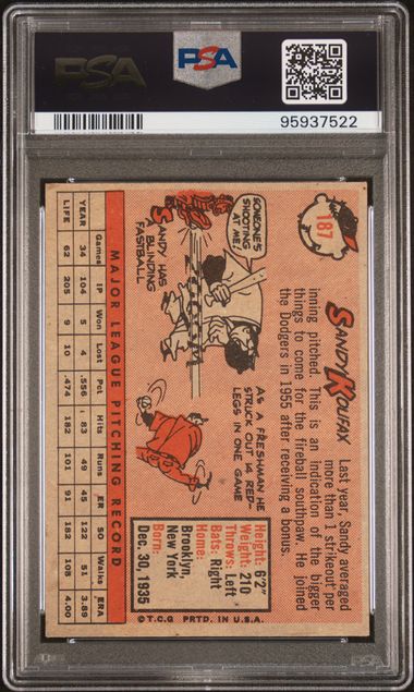 1958 TOPPS #187 SANDY KOUFAX PSA 5