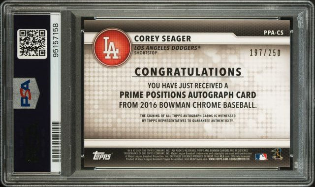 2016 Bowman Chrome Corey Seager Prime Positions On Card Auto /250 PSA 10