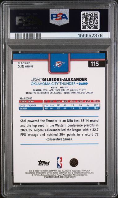 2025 TOPPS #115 S. GILGEOUS-ALEXANDER PURPLE HOLO FOIL /250 PSA 9