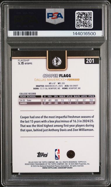 2025 TOPPS #201 COOPER FLAGG BLACKOUT ROOKIE PSA 9