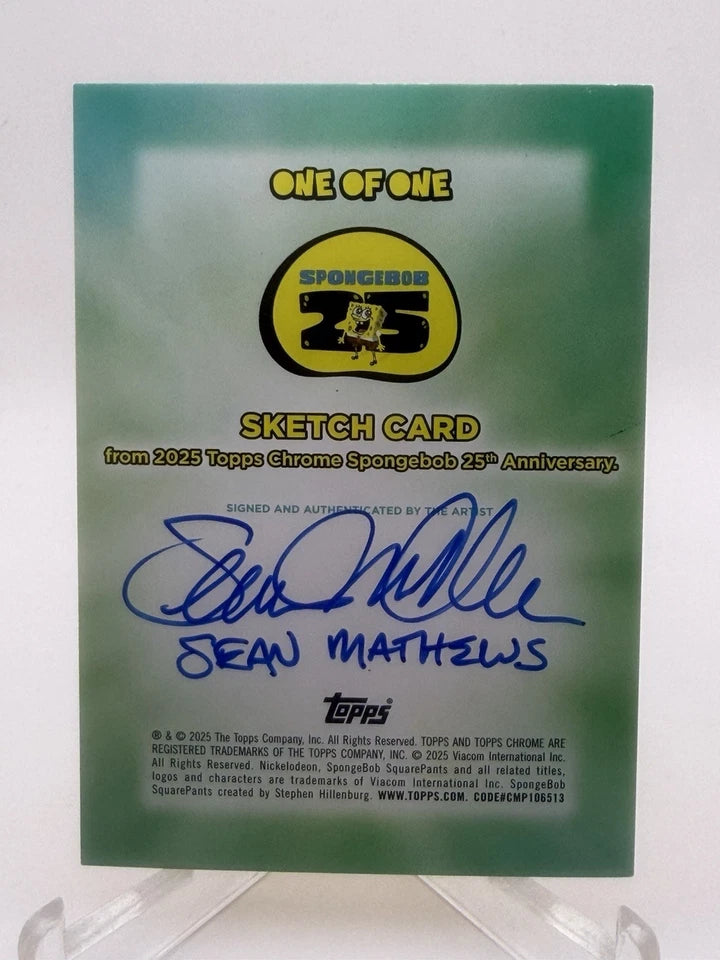 SpongeBob #1/1 Hand Drawn Autographed Sean Mathews Sketch Card Topps Chrome 2025