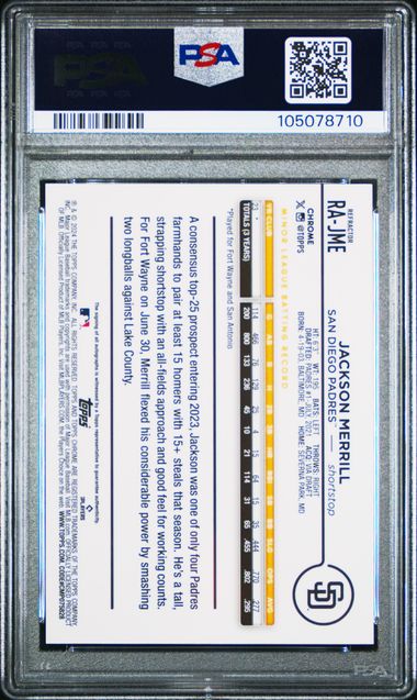 2024 Topps Chrome Rookie Autos Jackson Merrill #RA-JME Refractor /499 PSA 10