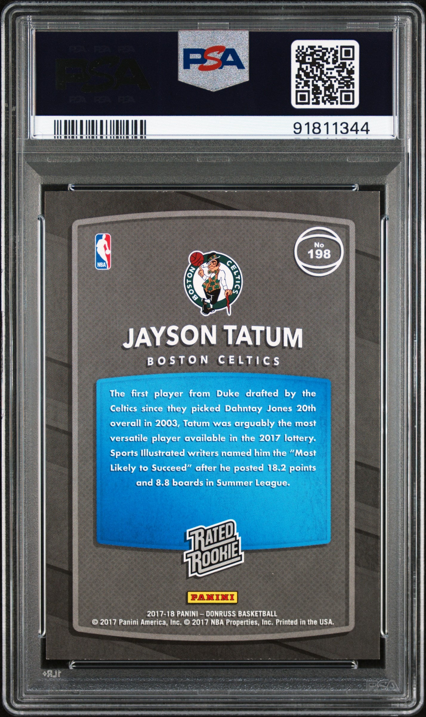 2017 Panini Donruss Rated Rookie Jayson Tatum #198 PSA 9
