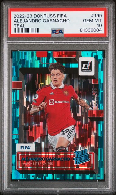 2022 PANINI DONRUSS FIFA #199 ALEJANDRO GARNACHO TEAL ROOKIE PSA 10
