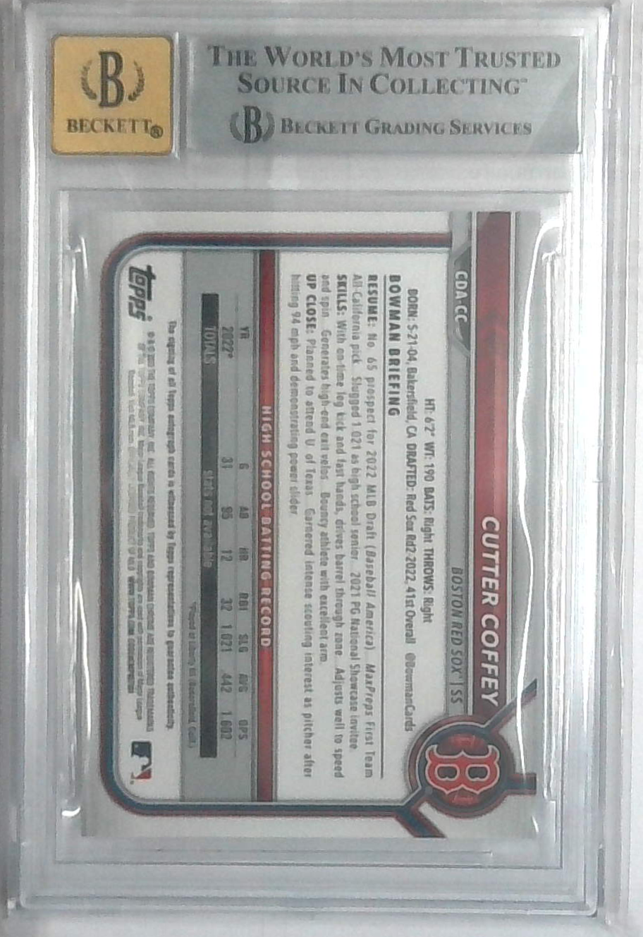 2022 Bowman Chrome Draft Autographs Blue Refractors Cutter Coffey # Bgs 9