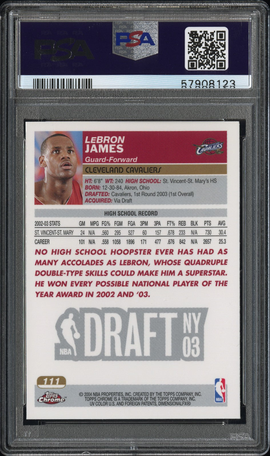 2003 Topps Chrome Lebron James #111 Rookie Psa 7
