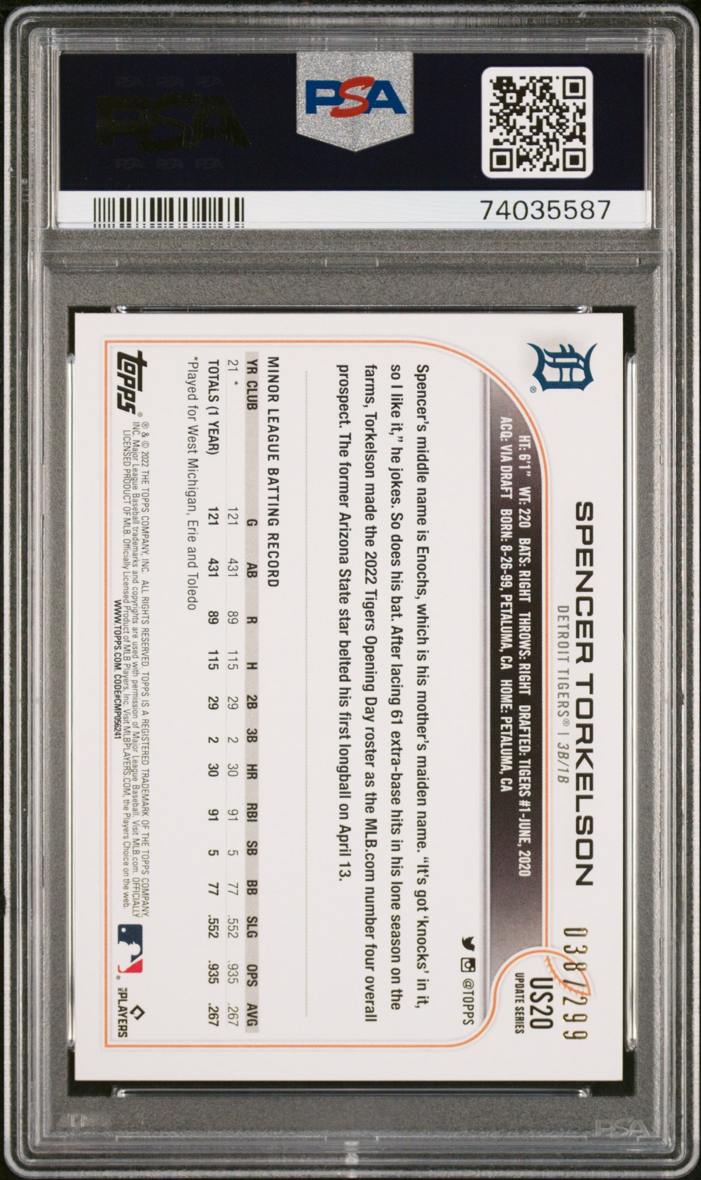 2022 Topps Update Spencer Torkelson # Orange Foil #'d /299 Psa 10