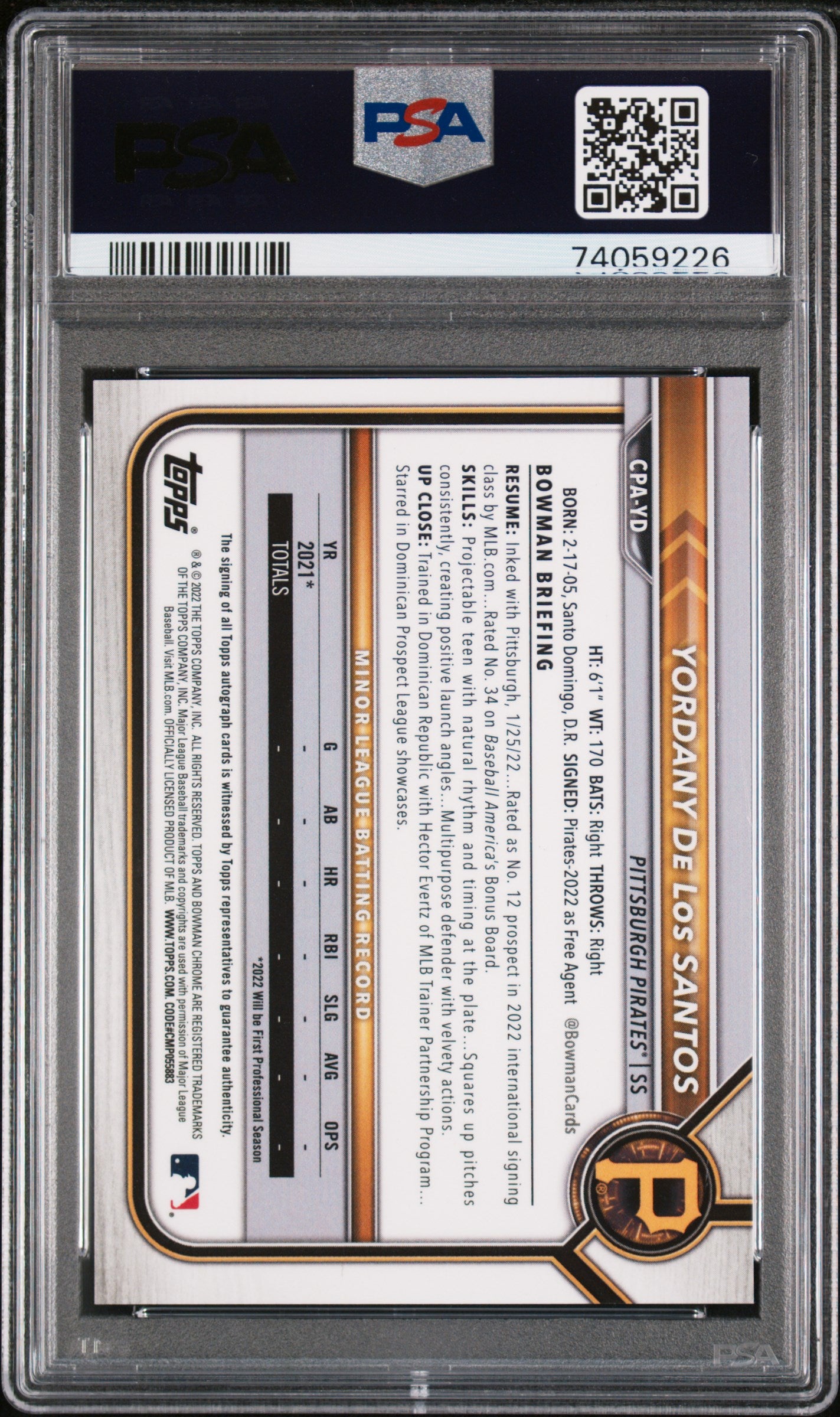 2022 Bowman Chrome Prospect Autographs Yordany De Los Santos # Psa 9