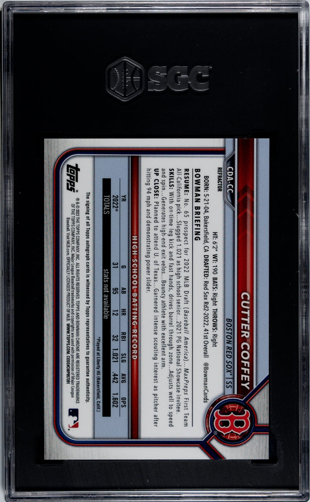 2022 Bowman Chrome Cutter Coffey 1st Bowman Refractor Auto /499 Sgc 9.5