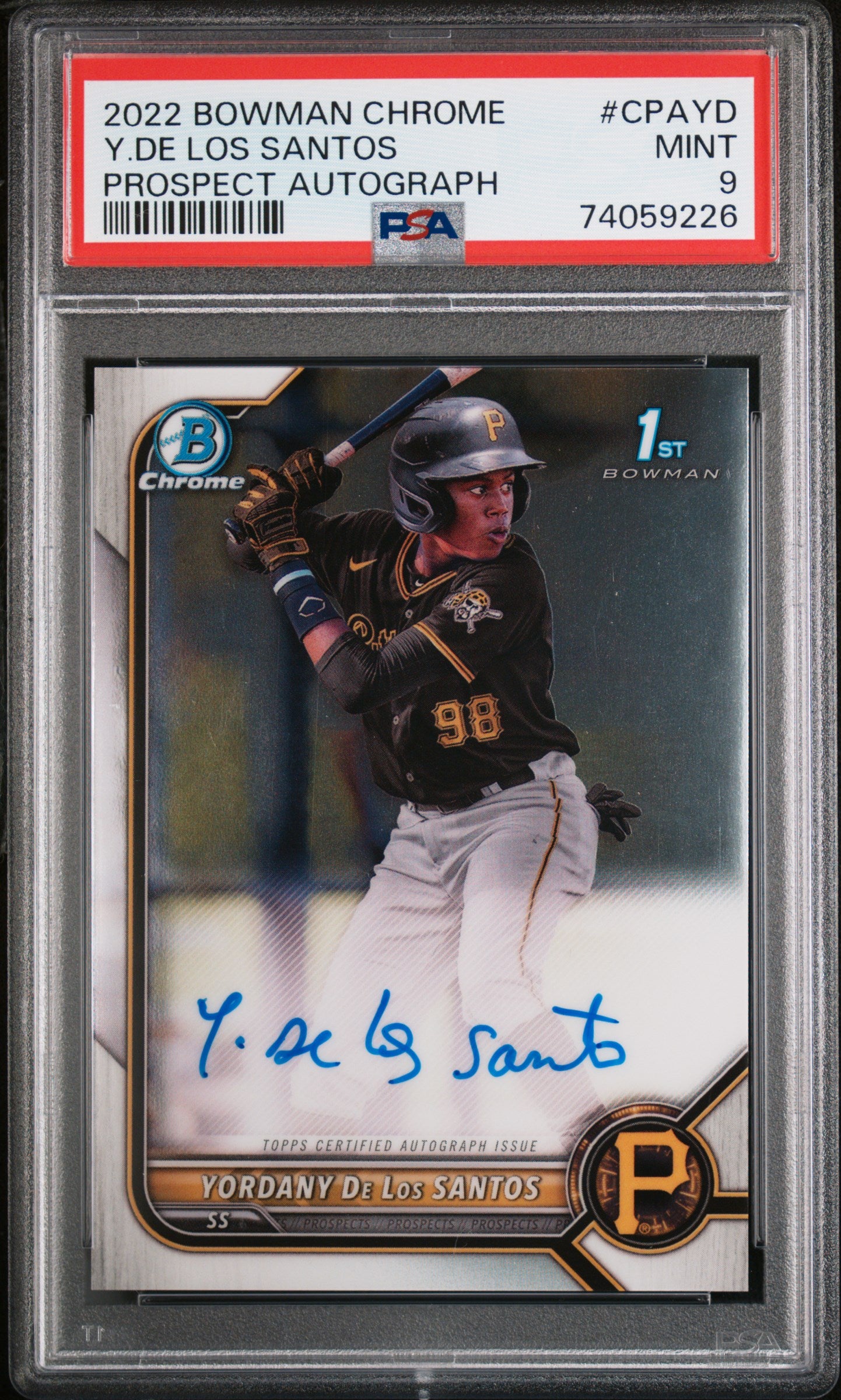 2022 Bowman Chrome Prospect Autographs Yordany De Los Santos # Psa 9