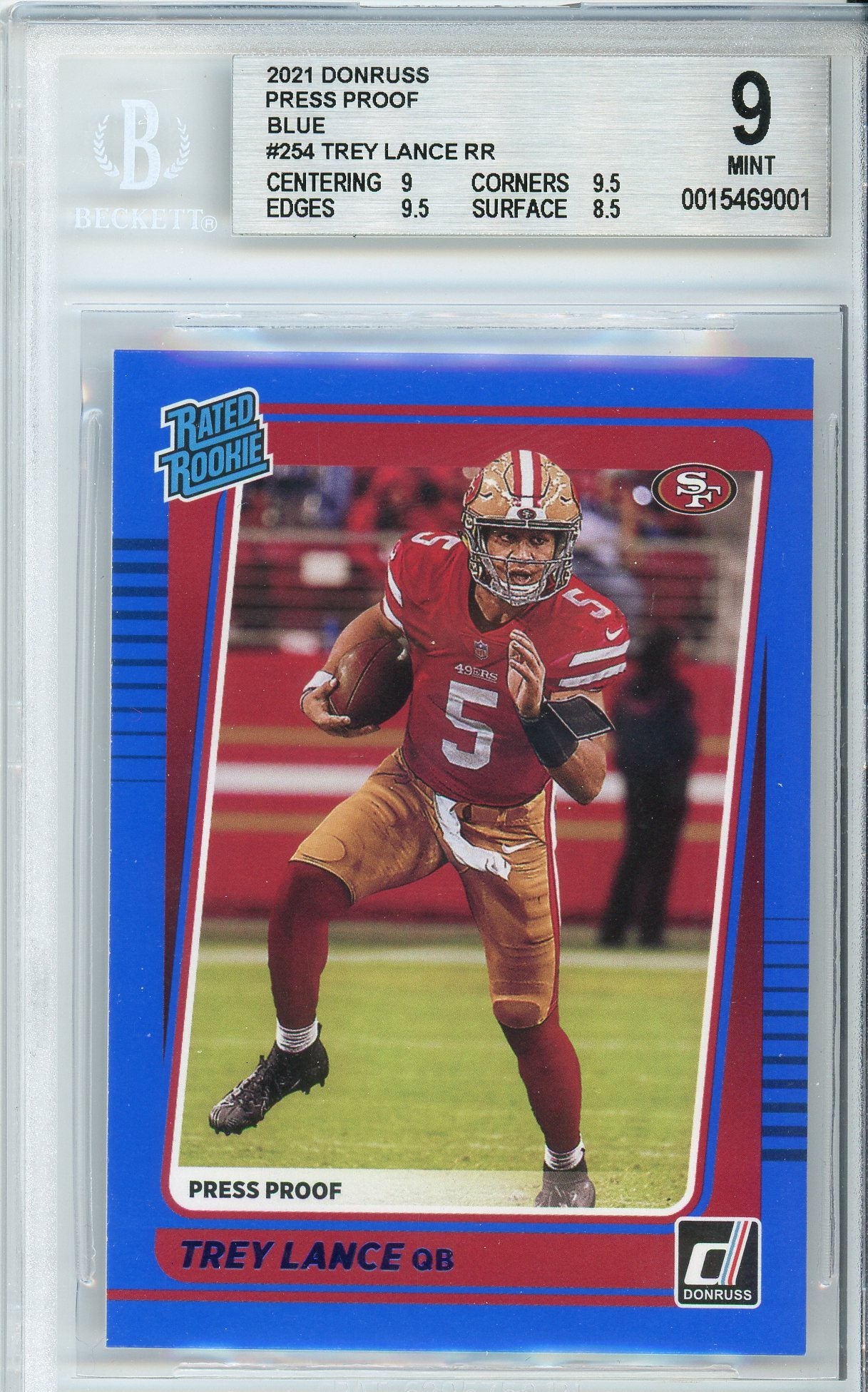 2021 Donruss Trey Lance Blue Press Proof Rated Rookie BGS 9 Mint