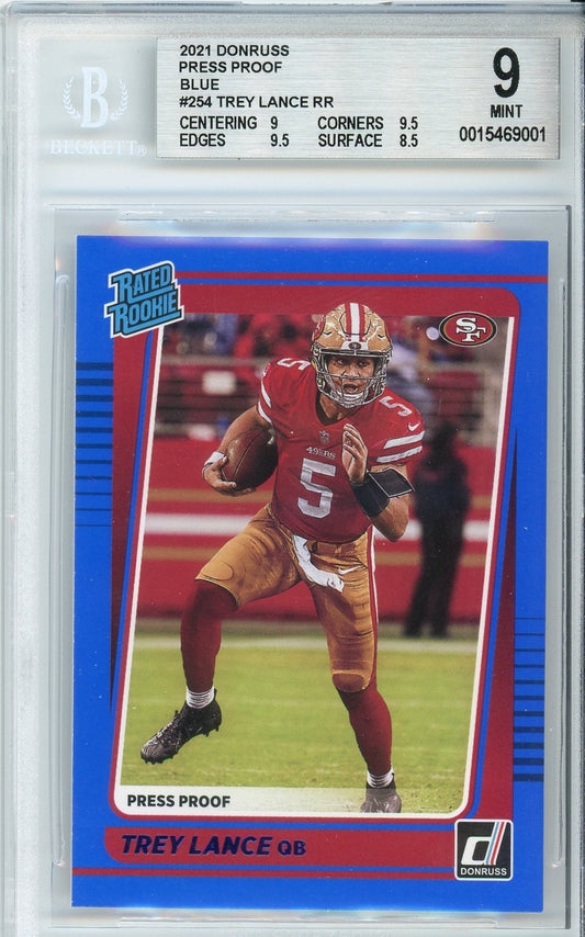 2021 Donruss Trey Lance Blue Press Proof Rated Rookie BGS 9 Mint
