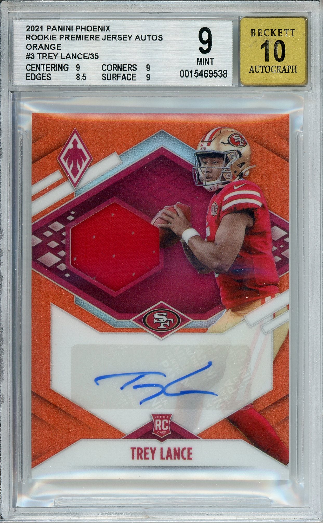 2021 Phoenix Trey Lance Premiere Jersey Autos Orange BGS 9 Mint