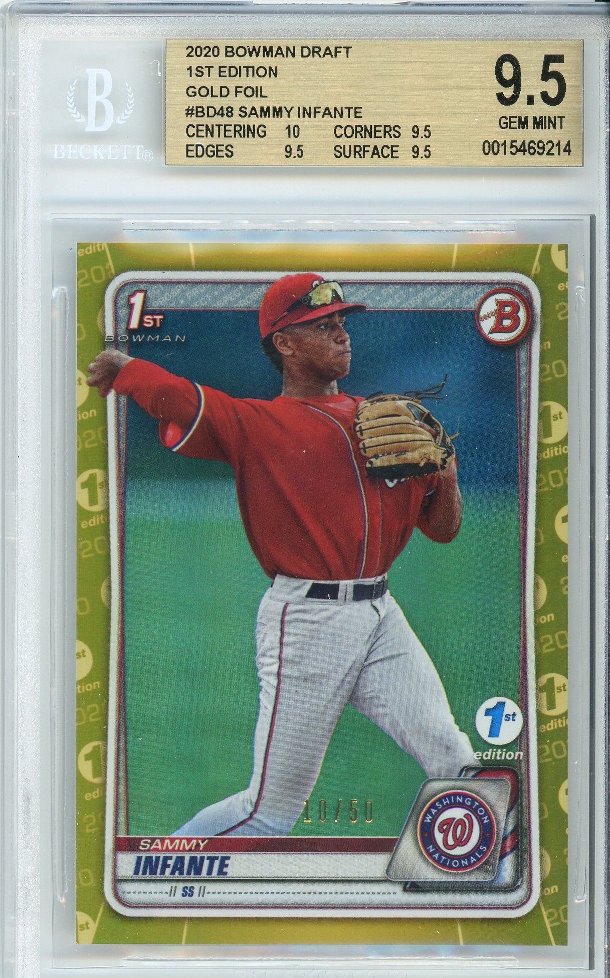 2020 Bowman Draft 1st Edition Sammy Infante 1st Bowman Gold Foil /50 BGS 9.5 Gem Mint