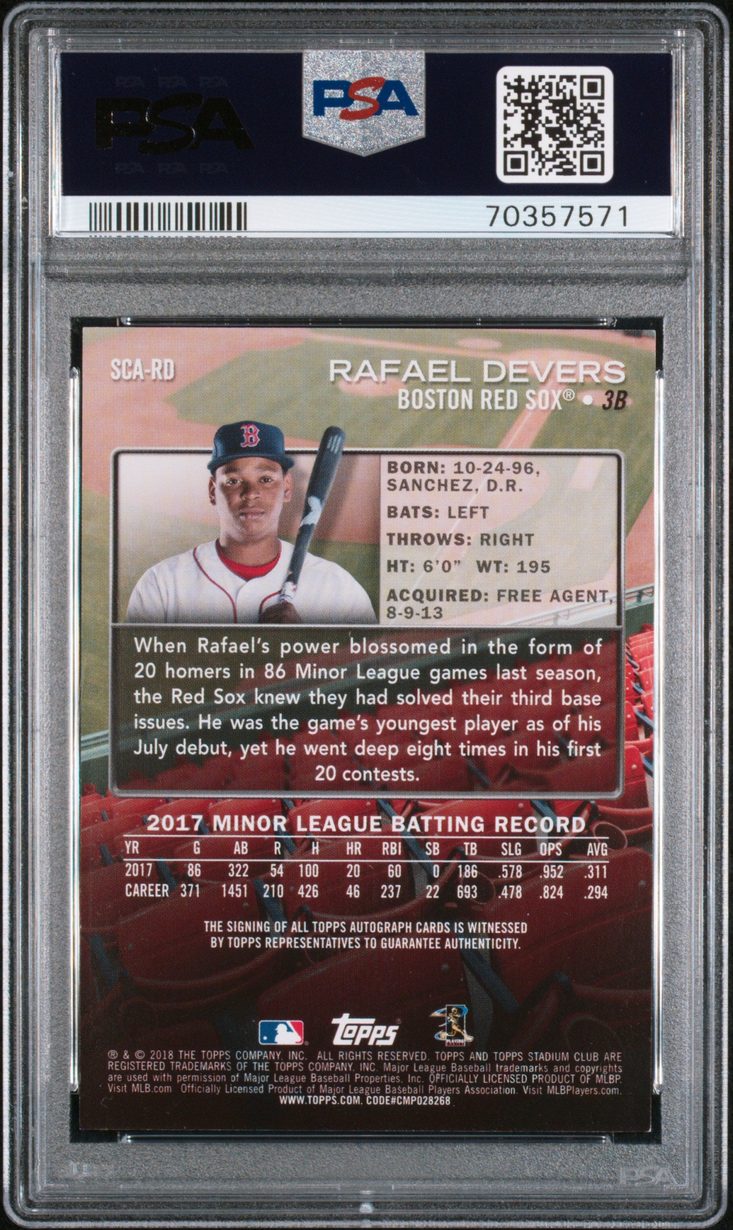 2018 Stadium Club Rafael Devers Rookie Auto PSA 9