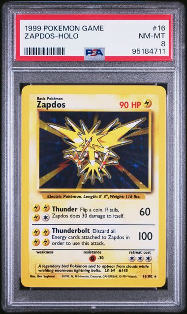 1999 POKEMON GAME #16 ZAPDOS-HOLO PSA 8