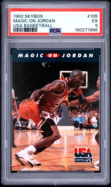1992 SKYBOX USA BASKETBALL #105 MAGIC ON JORDAN USA BASKETBALL PSA 5