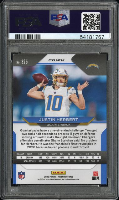 2020 PANINI PRIZM #325 JUSTIN HERBERT LAZER PRIZM PSA 8