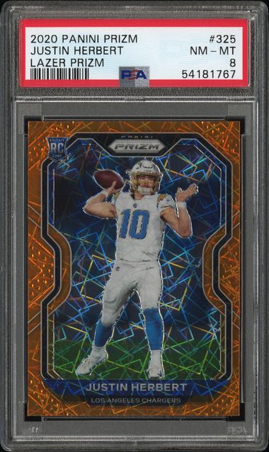 2020 PANINI PRIZM #325 JUSTIN HERBERT LAZER PRIZM PSA 8