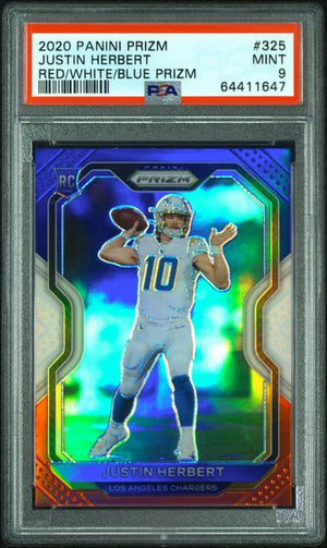 2020 PANINI PRIZM #325 JUSTIN HERBERT RED/WHITE/BLUE PRIZM PSA 9