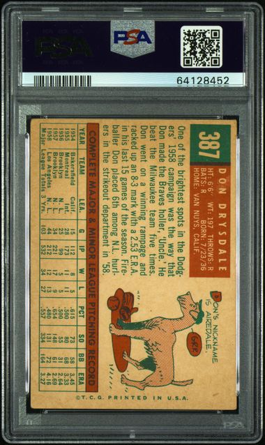 1959 TOPPS #387 DON DRYSDALE PSA 3 VG!