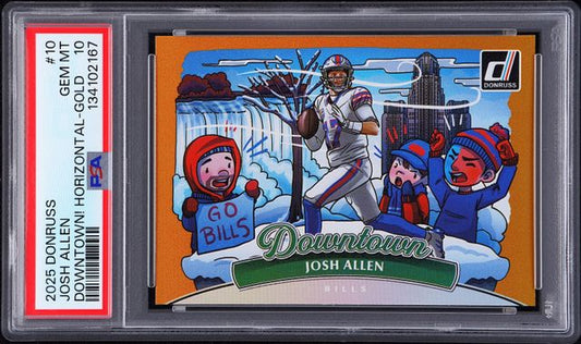 2025 PANINI DONRUSS #10 JOSH ALLEN DOWNTOWN! HORIZONTAL-GOLD 10/10 PSA 10