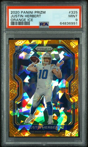 2020 PANINI PRIZM #325 JUSTIN HERBERT ORANGE ICE PSA 9