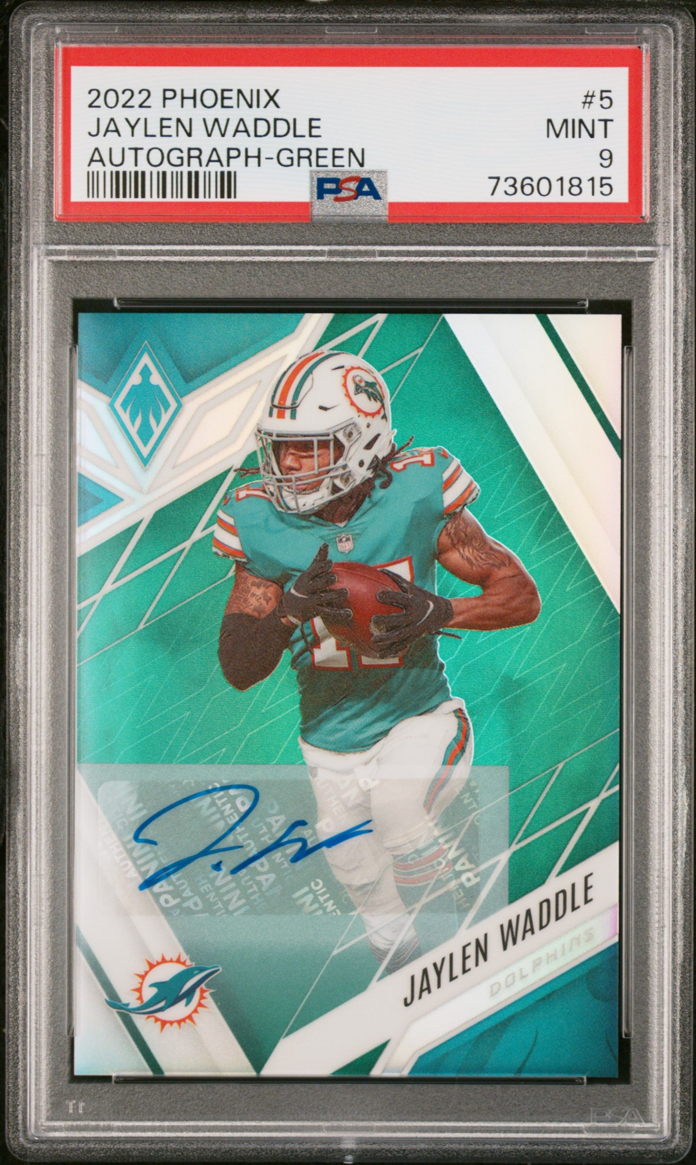 2022 Phoenix Jaylen Waddle Green Prizm Auto #'d 1/5 PSA 9