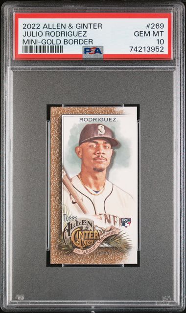 2022 TOPPS ALLEN & GINTER #269 JULIO RODRIGUEZ MINI-GOLD BORDER ROOKIE PSA 10