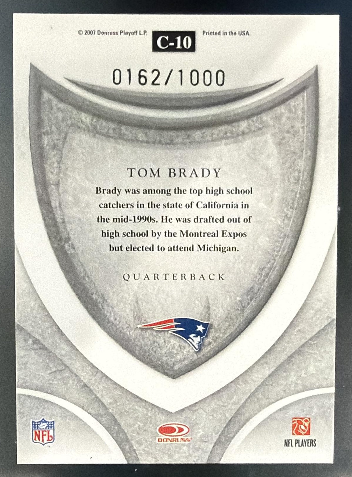 2007 Leaf Rookies & Stars Tom Brady #C-10 Crusade Red /1000 Patriots — back