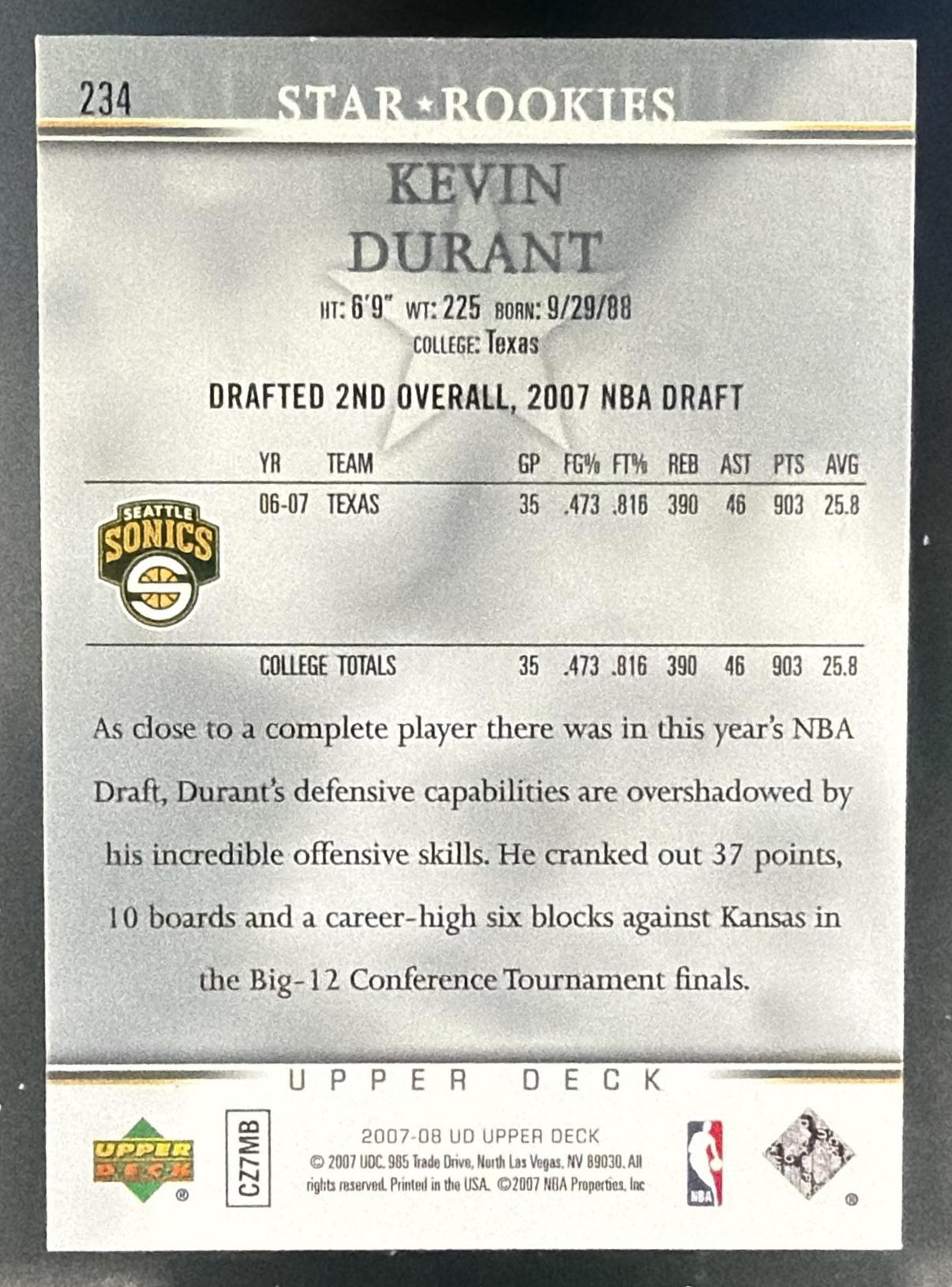 2007-08 Upper Deck Kevin Durant #234 RC SuperSonics — back