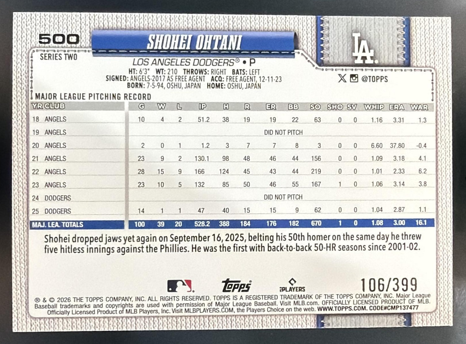 2026 Topps Series 2 Shohei Ohtani #500 Yellow Holo Foil 106/399 Dodgers — back