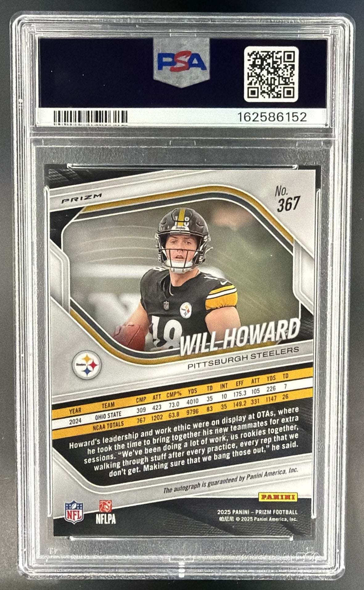 2025 Panini Prizm Will Howard #367 Rookie Auto Silver RC Steelers PSA 10 — back