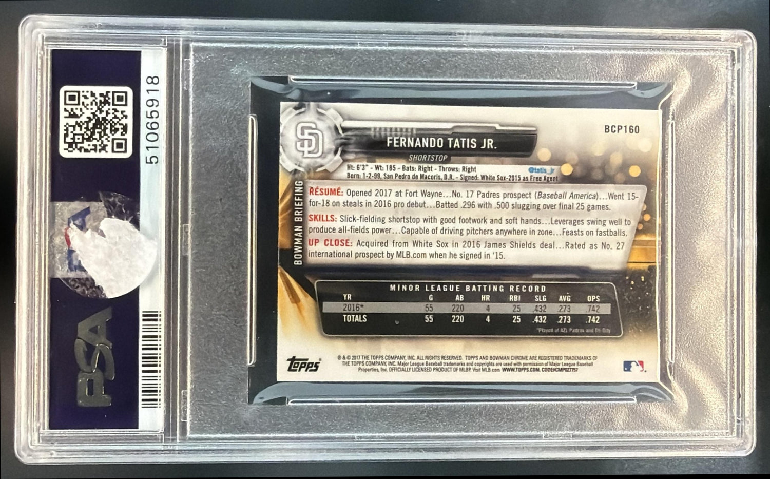2017 Bowman Chrome Mini Fernando Tatis Jr. #BCP160 Padres PSA 9 — back