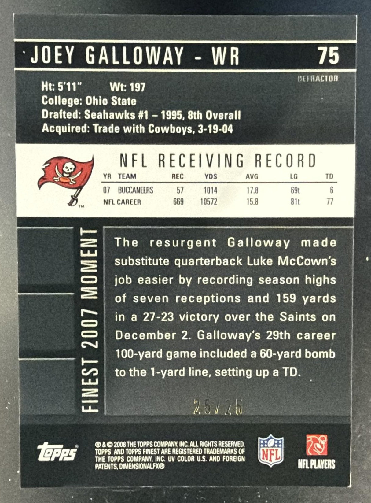 2008 Topps Finest Joey Galloway #75 Red Refractor 25/25 Buccaneers — back