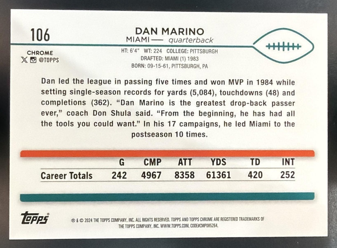 2024 Topps Chrome Dan Marino #106 White Geometric Refractor 6/15 Dolphins — back