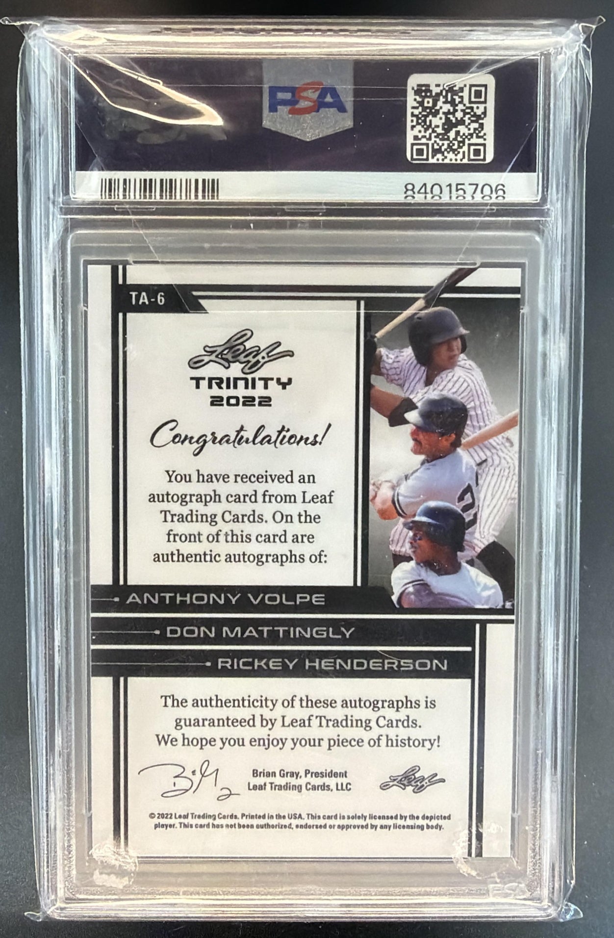 2022 Leaf Trinity Anthony Volpe Don Mattingly Rickey Henderson Auto /49 PSA 10 — back