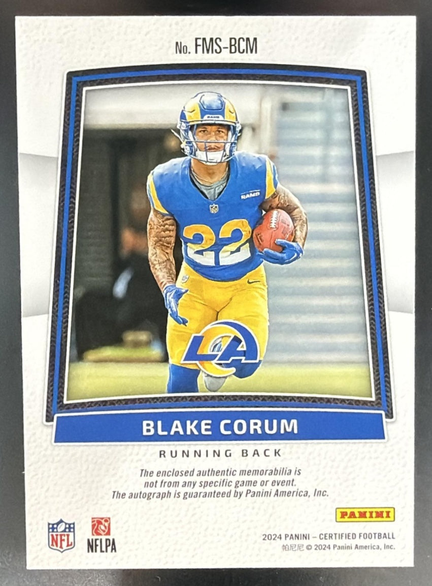 2024 Panini Certified Blake Corum Freshman Fabric Mirror Blue /99 MEM RC Auto — back