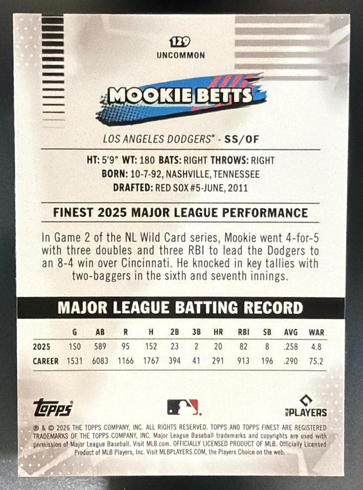2026 Topps Finest Mookie Betts #129 Uncommon Yellow Refractor 274/275 Dodgers — back