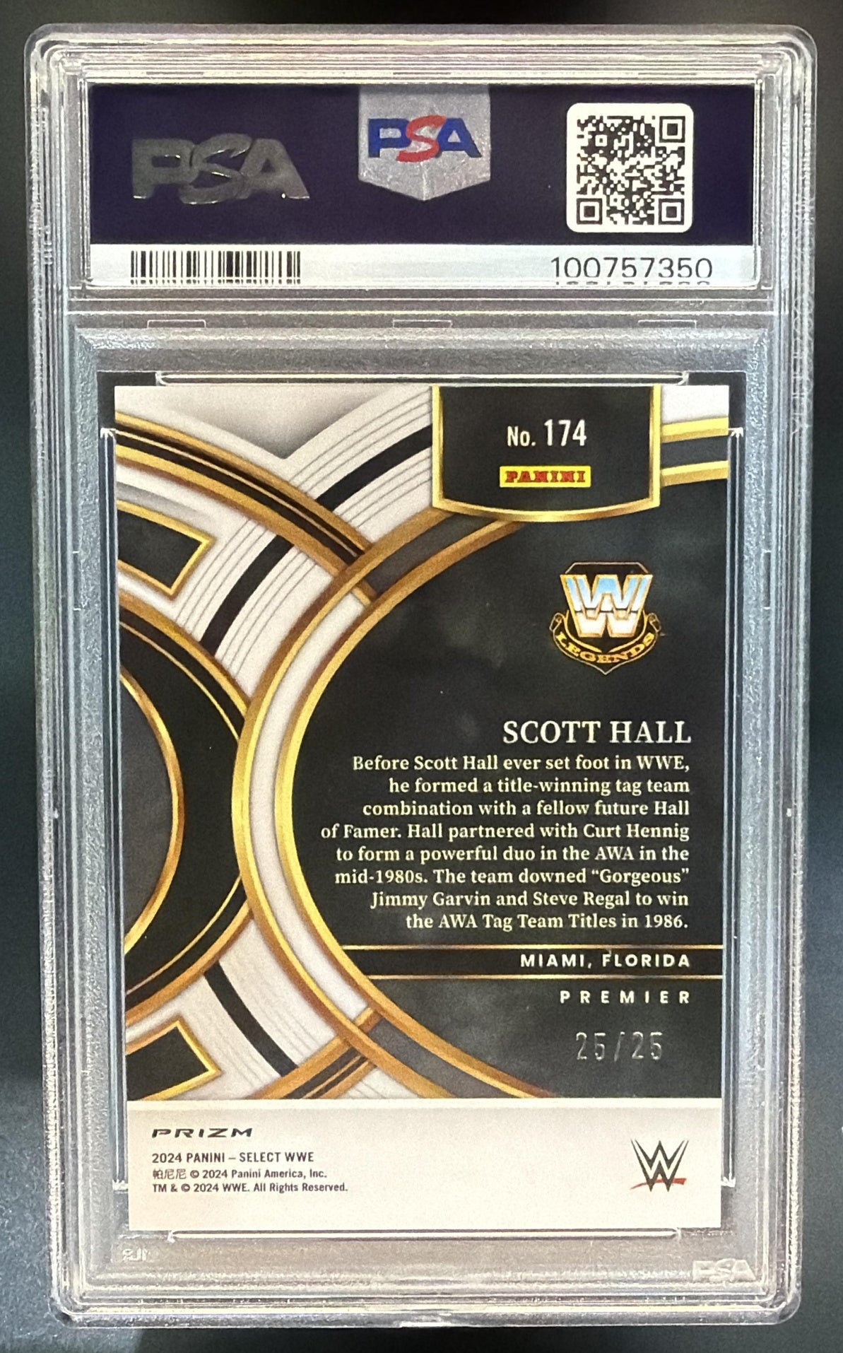 2024 Panini Select WWE Scott Hall #174 Tie-Dye Prizm 25/25 Premier Level PSA 10 — back