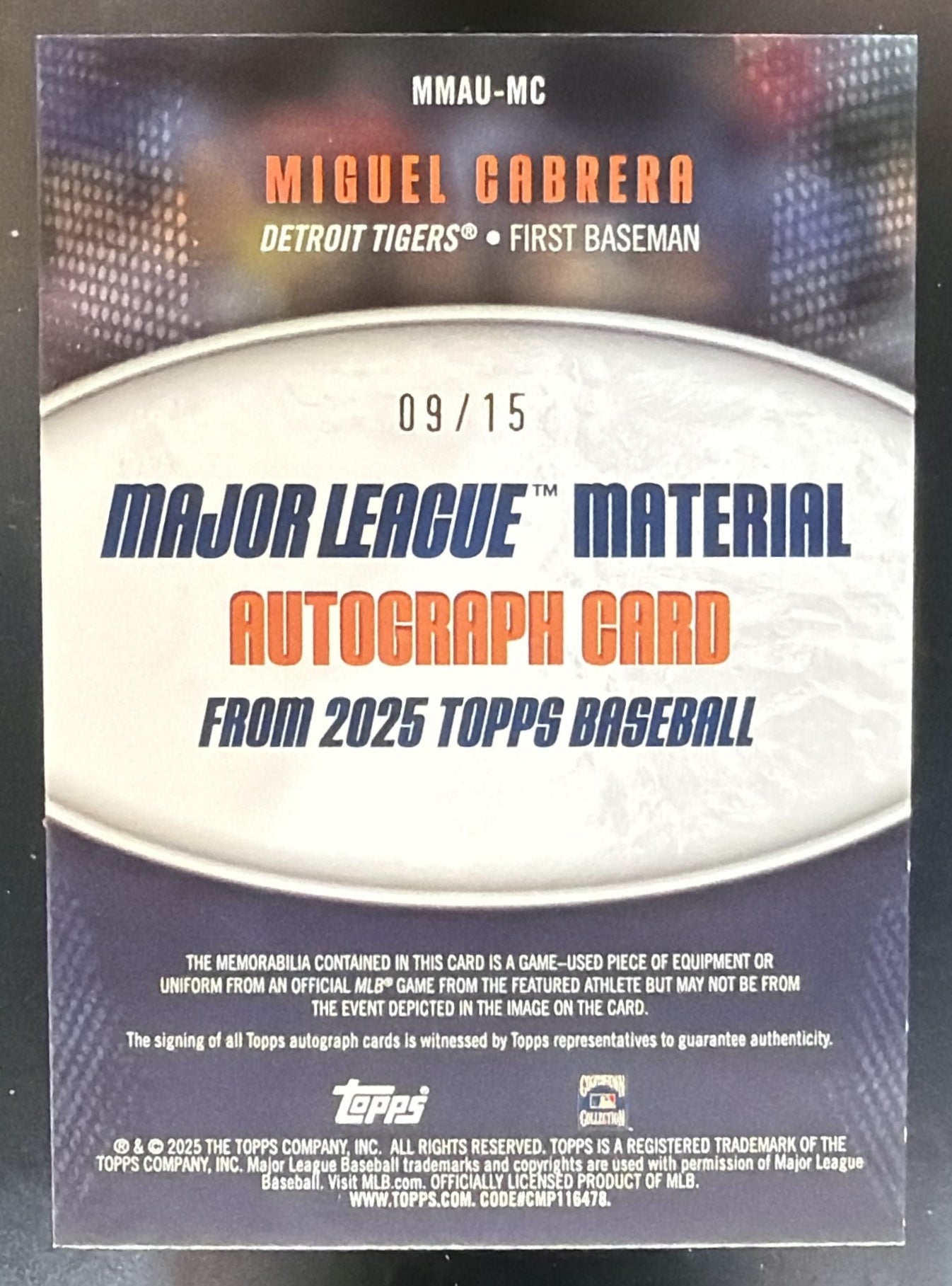 2025 Topps Update Miguel Cabrera #MMAU-MC Major League Material Auto /15 MEM — back
