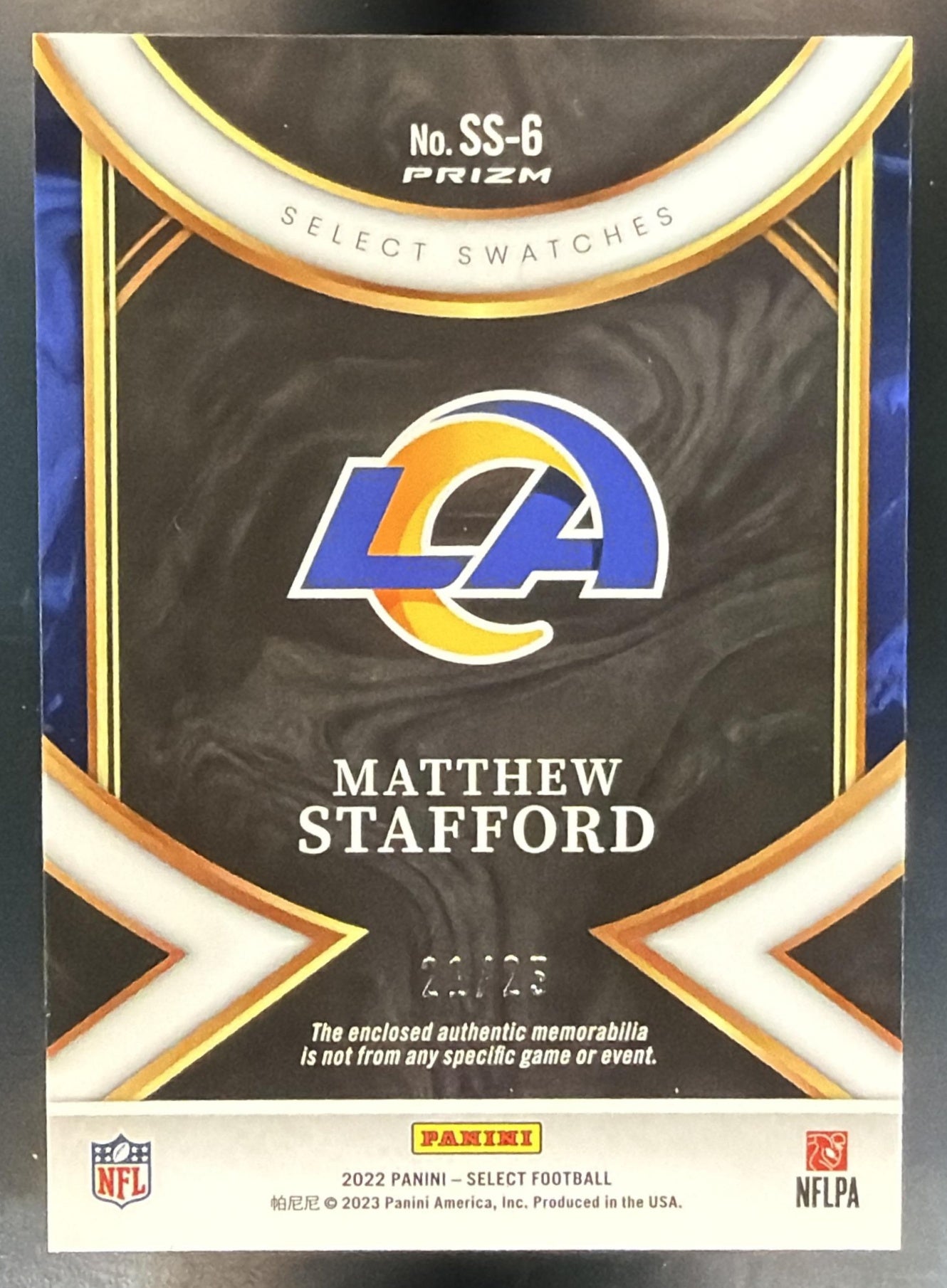 2022 Panini Select Matthew Stafford #SS-6 Swatches Tie Dye Prizm 22/25 MEM Rams — back