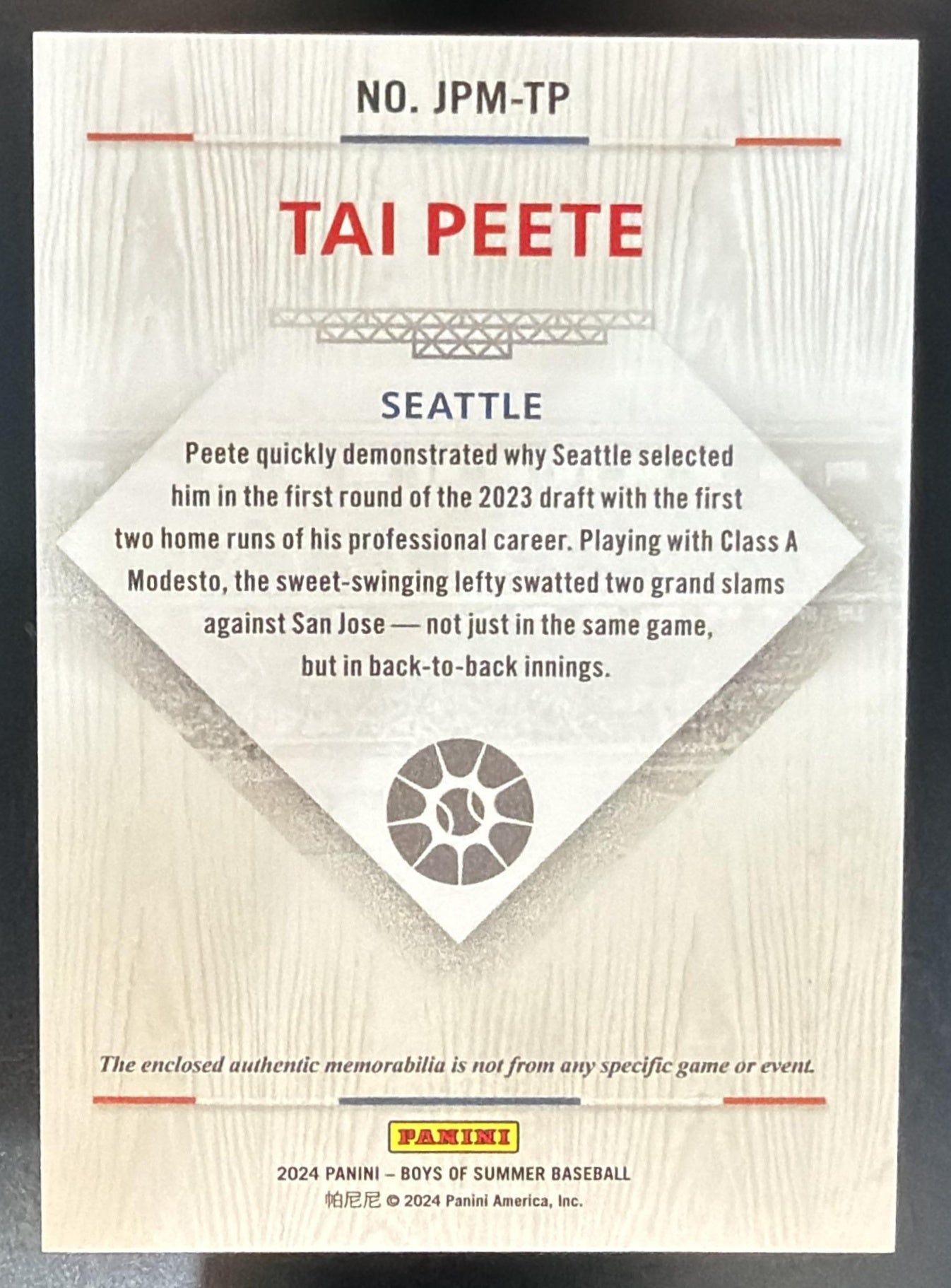 2024 Panini Boys of Summer Tai Peete #JPM-TP Jumbo Prospect Materials /49 MEM — back
