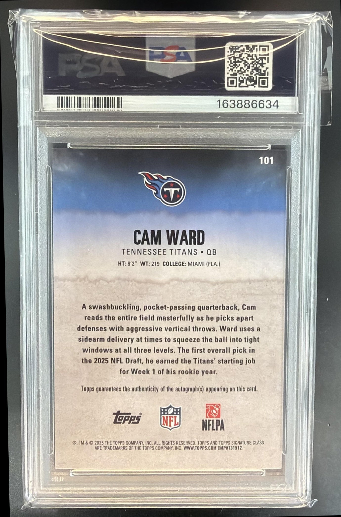 2025 Topps Signature Class Cam Ward #101 Rookie Auto RC Titans PSA 9 — back