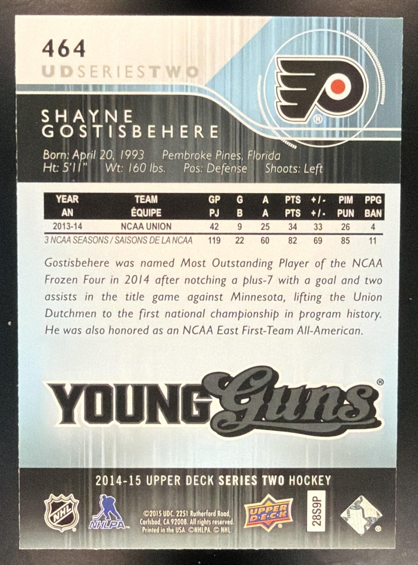 2014-15 Upper Deck Shayne Gostisbehere #464 Young Guns RC Flyers — back