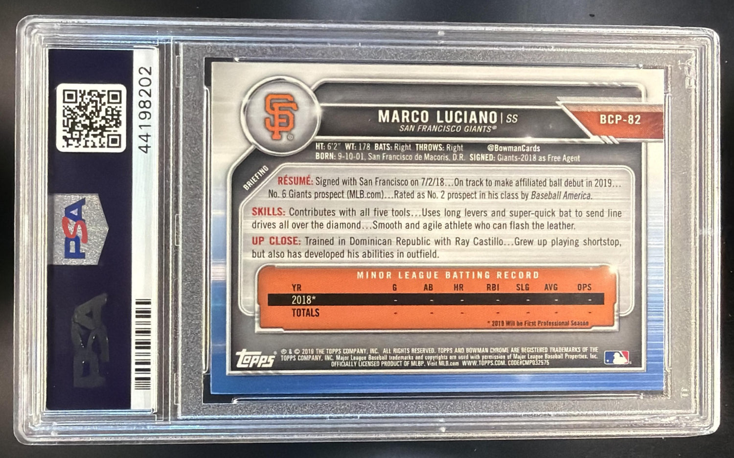 2019 Bowman Marco Luciano #BCP-82 Chrome 1st Prospect PSA 10 — back