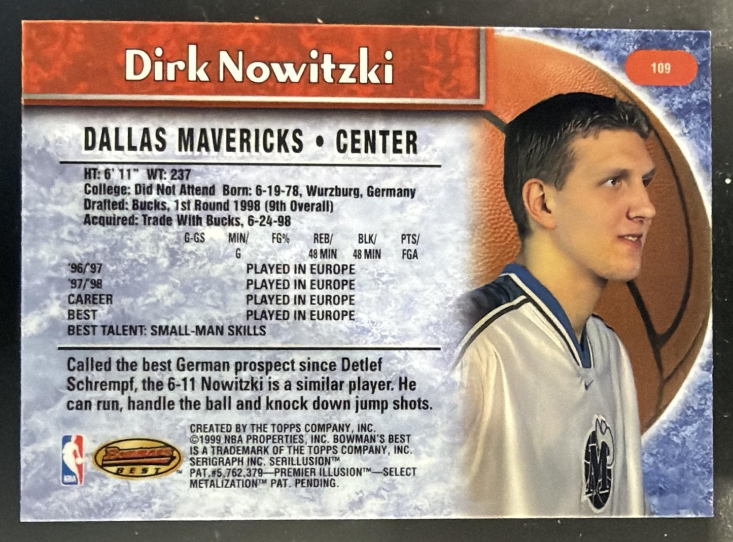 1998-99 Bowman's Best Dirk Nowitzki #109 RC Mavericks — back