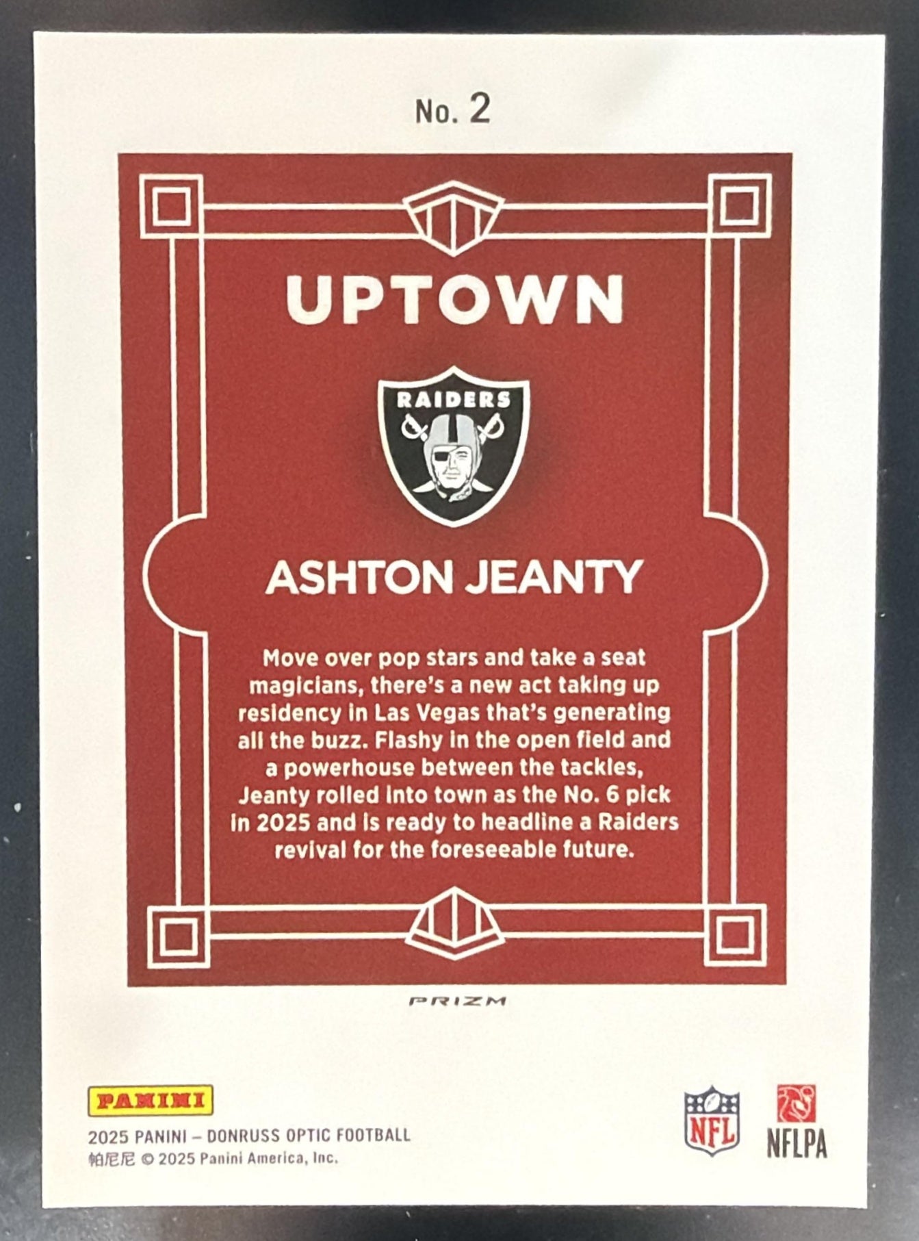 2025 Panini Donruss Optic Ashton Jeanty #2 Uptown RC SSP Raiders — back