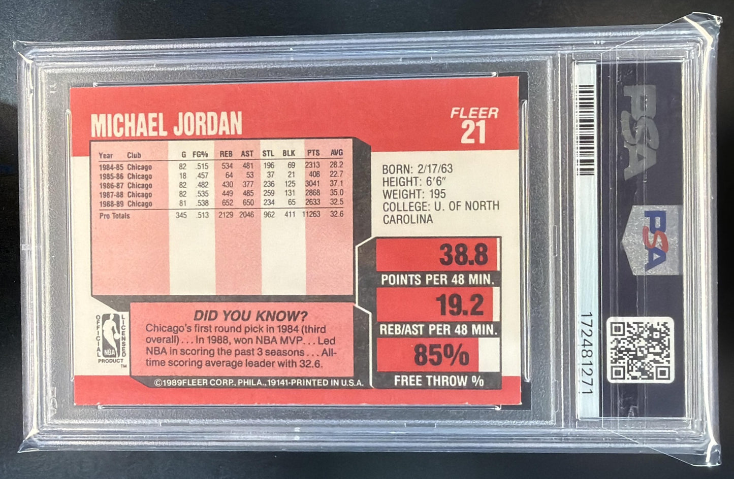 1989-90 Fleer Michael Jordan #21 Bulls PSA 7 — back